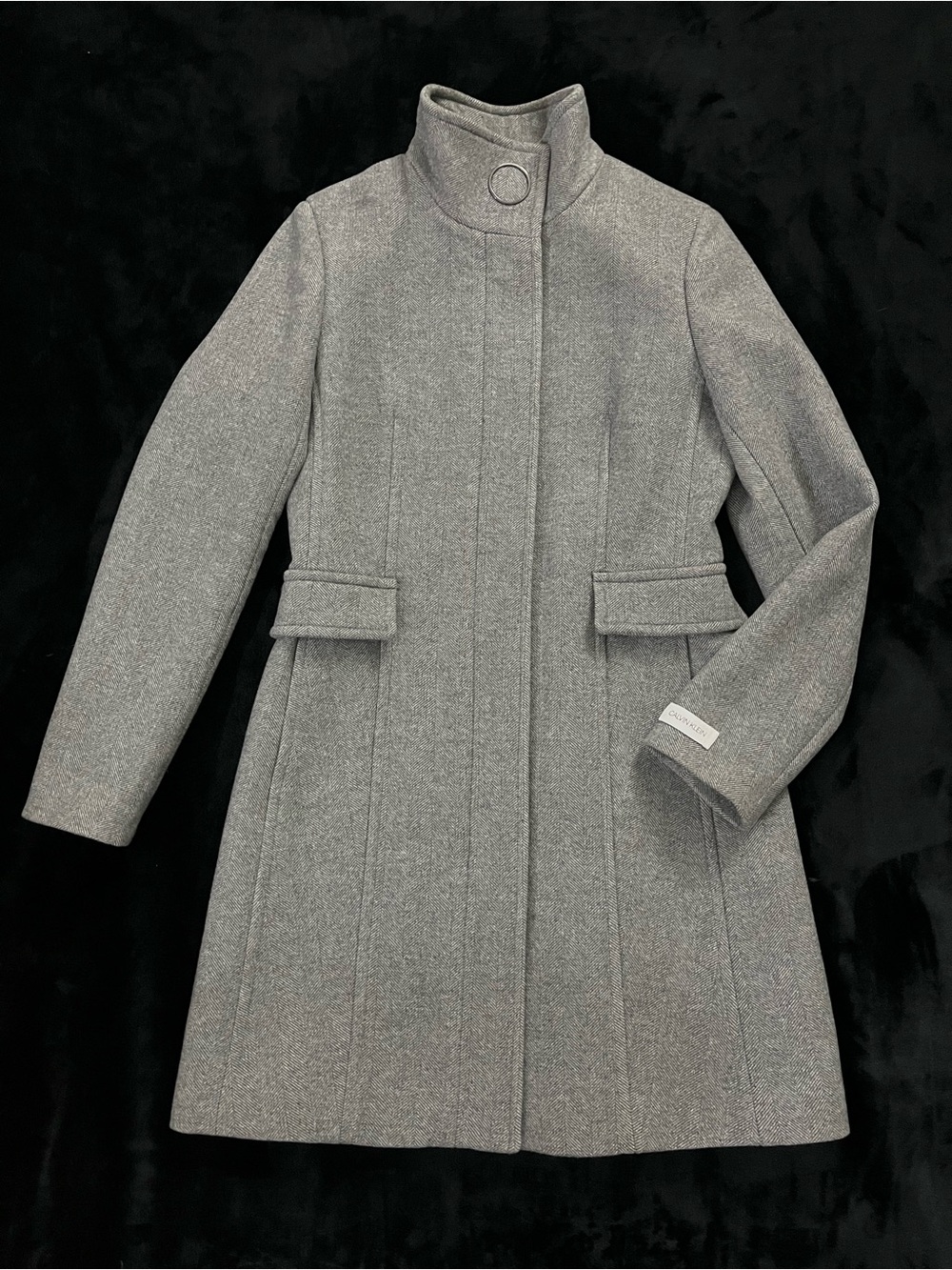 Calvin Klein Gray Herringbone Wool Blend Coat - Sz XS